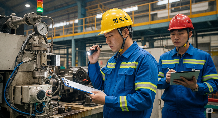 안전모와 안전복을 착용한 작업자가 공장 설비를 점검하고 있는 모습입니다. 옆에는 동료가 태블릿 PC를 보며 기록하고 있습니다.