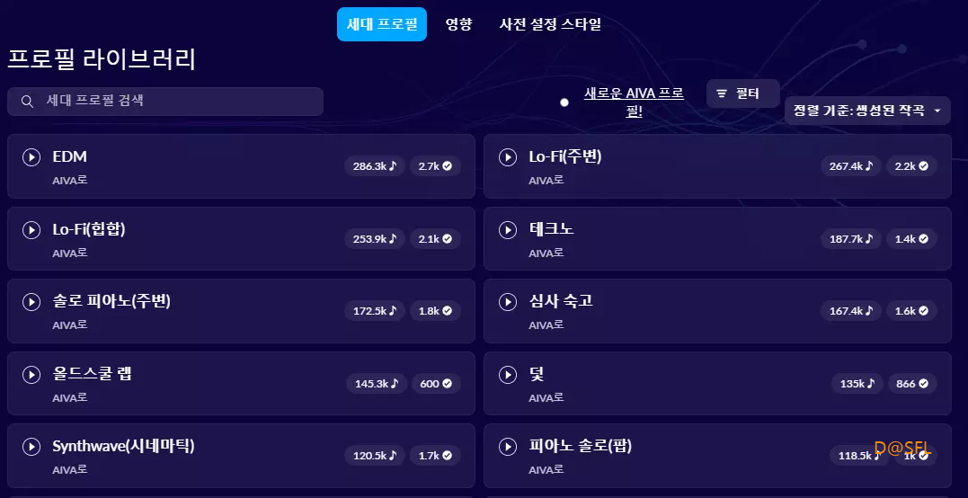 AIVA 기본 메뉴