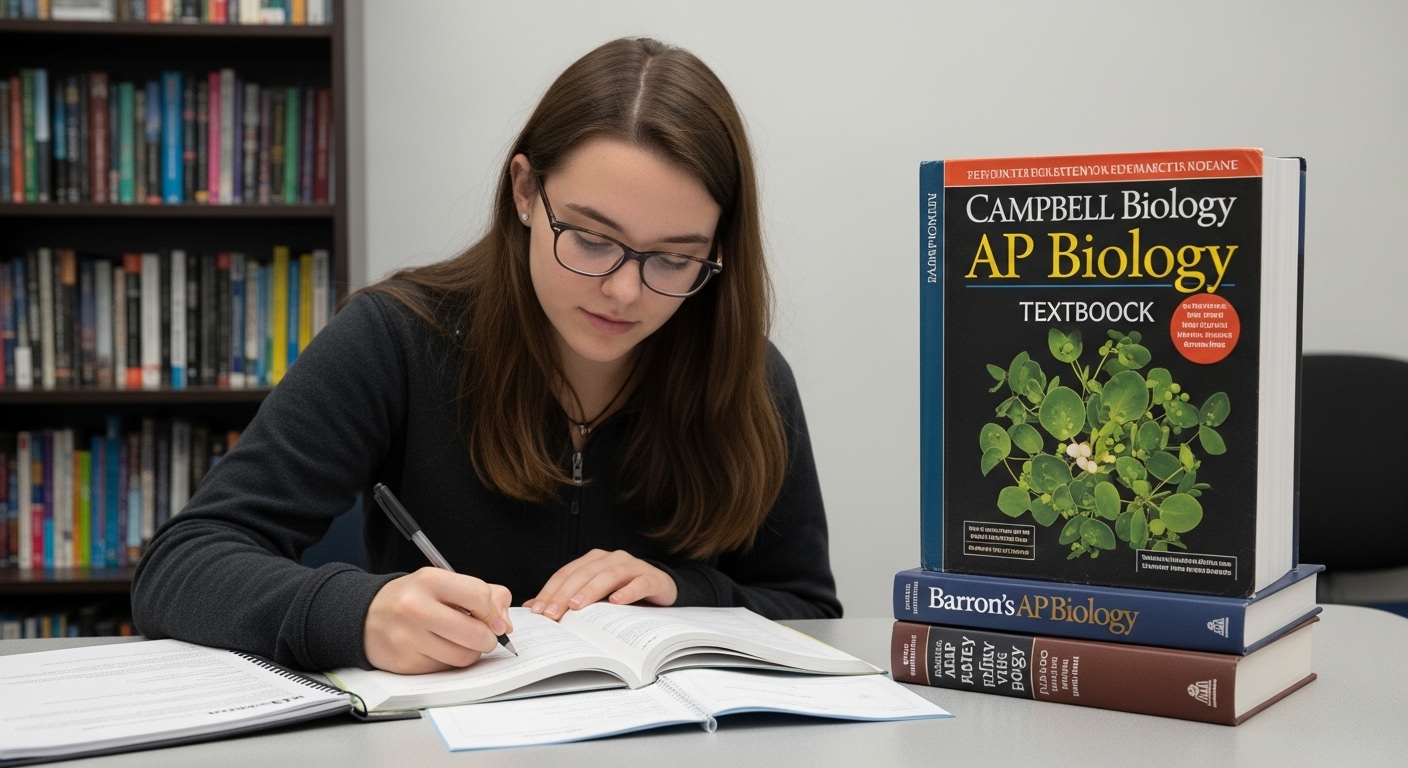 책상에는 매우 두꺼운 **'Campbell Biology' 교과서**가 놓여 있지만, 책꽂이에 꽂혀 있거나 다른 책을 받치는 용도로 사용되어 '참고서' 또는 '기초 자료'로서의 역할을 암시합니다. 반면, 학생의 바로 앞에는 그보다 훨씬 얇고 핵심적인 **'Barron's AP Biology'와 같은 리뷰북**이 펼쳐져 있으며, 학생은 이 책에 필기를 하며 집중하고 있습니다. 이는 **시험 준비의 중심이 '리뷰북'에 있음**을 강조합니다