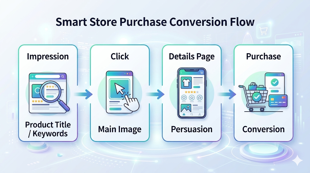 スマートストアでの上位表示後、商品詳細ページが購入転換に与える流れ図