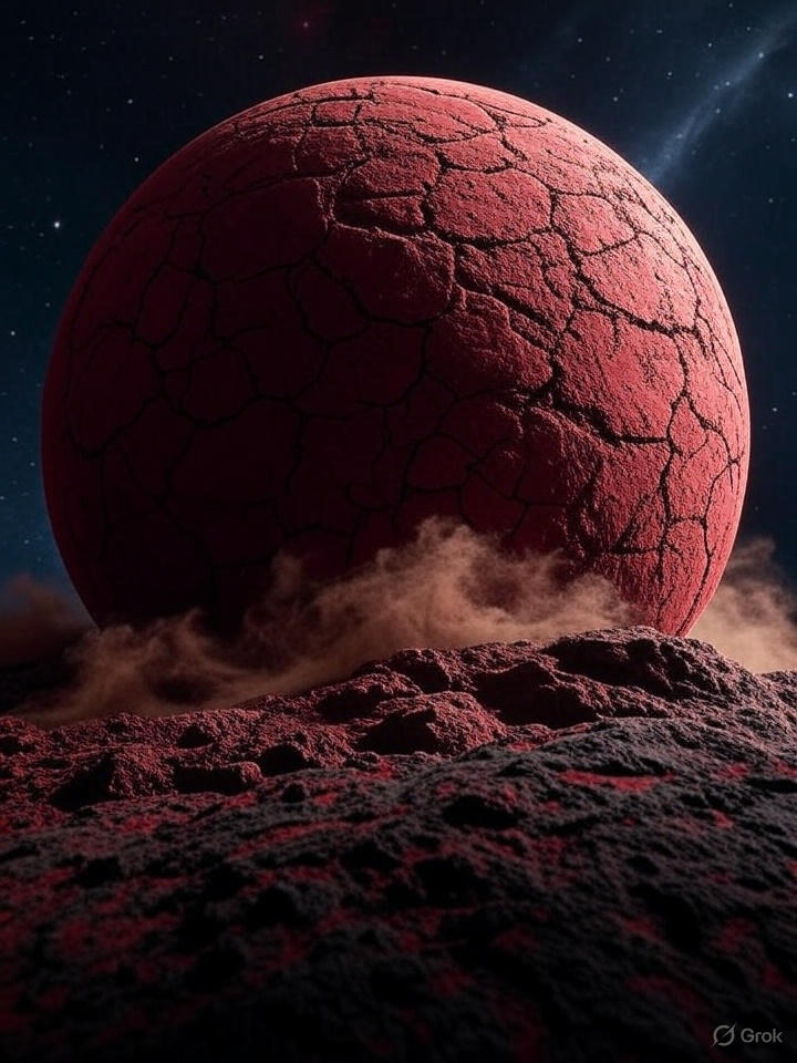 외계 행성의 붉은 표면에서 발생하는 지진 활동을 상상한 풍경으로, 먼지 구름과 암석 사이로 은은한 빛이 비치는 신비로운 장면 이미지