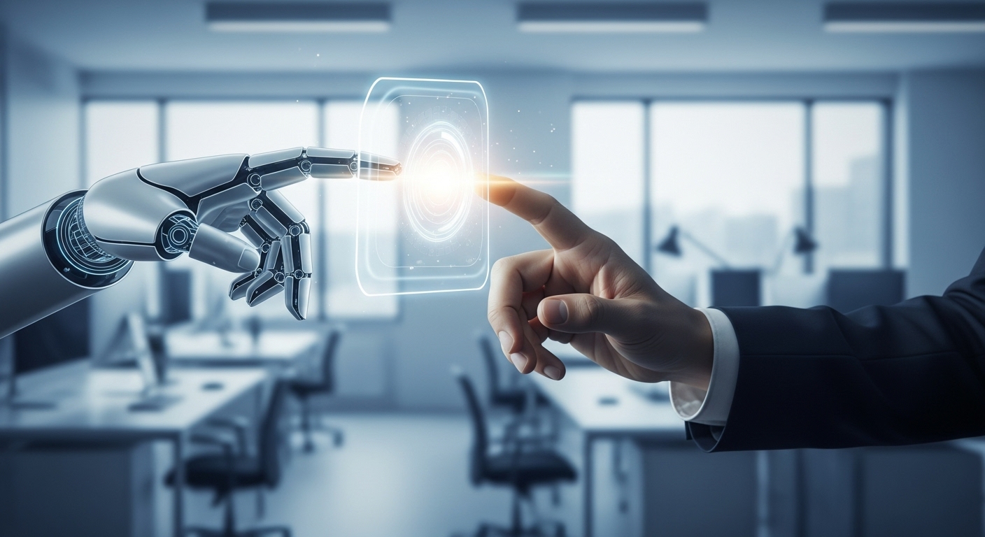 인간의 손이 AI 인터페이스를 부드럽게 이끄는 모습으로, AI와 인간의 조화로운 협업을 상징.