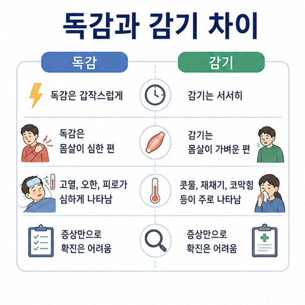 독감은 감기보다 증상이 갑작스럽게 시작하고 몸살이 심한 경우가 많지만 증상만으로 확진하기는 어렵다는 비교 이미지