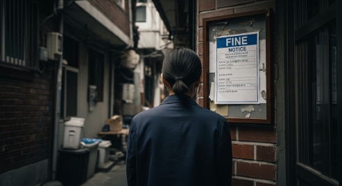 벌금 안내문을 보는 사람의 뒷모습&amp;#44; 긴장된 분위기