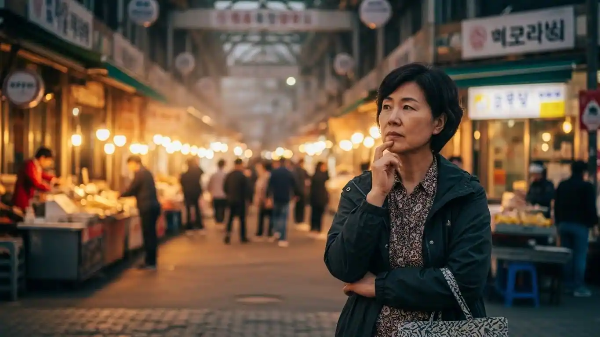 재래시장 입구에서 무엇을 사야 하는지 기억이 나질 않아서 고민하고 있는 여성