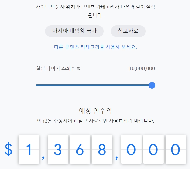 참고자료 콘텐츠 구글 애드센스 예상 연 수익
