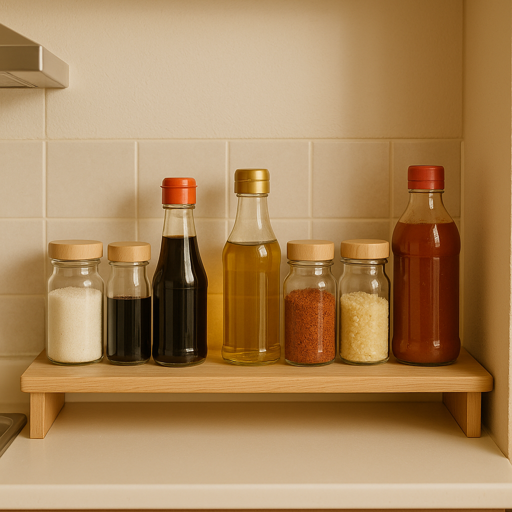 자취 양념 필수 조미료를 정리한 작은 주방 선반
