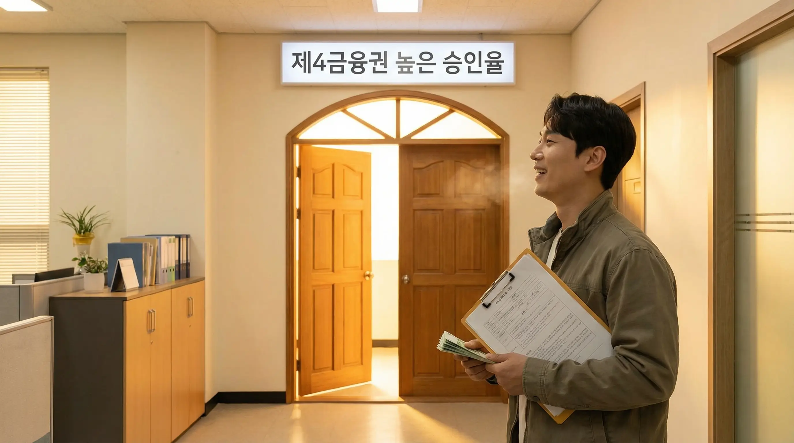 4금융권 대출의 높은 승인율을 상징하는 열린 문과 자금을 확보한 사람의 안도하는 모습