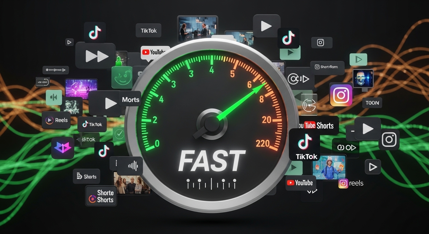 빠른 수익화 속도를 상징하는 쇼츠 플랫폼과 속도계, 그리고 다양한 쇼츠 영상 아이콘.