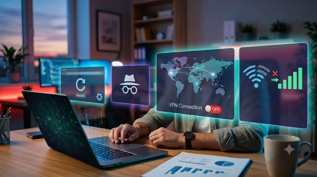 브라우저 새로고침, 시크릿 모드, VPN 해제, 네트워크 변경을 순서대로 진행하는 장면