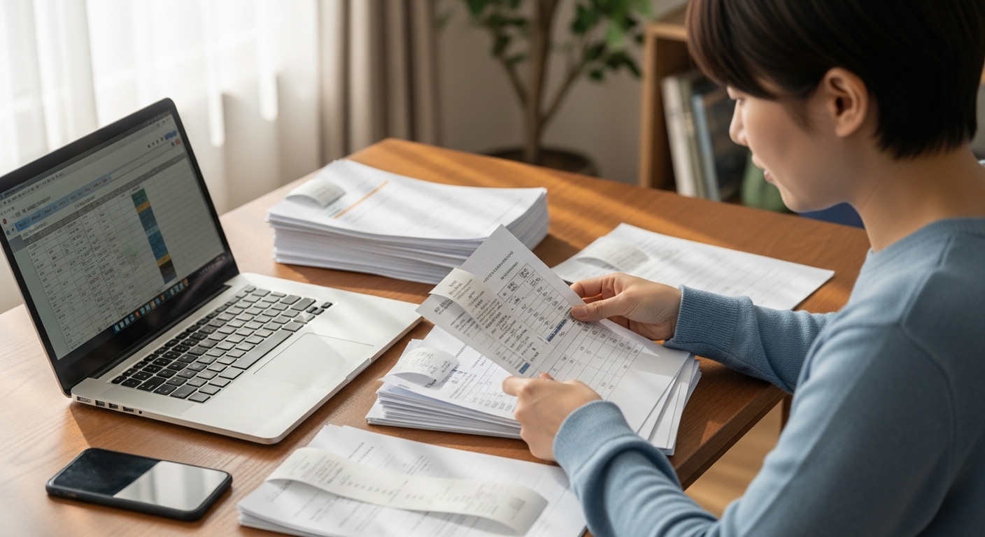 책상-위-진료비-영수증-보험-청구-서류-정리하는-모습