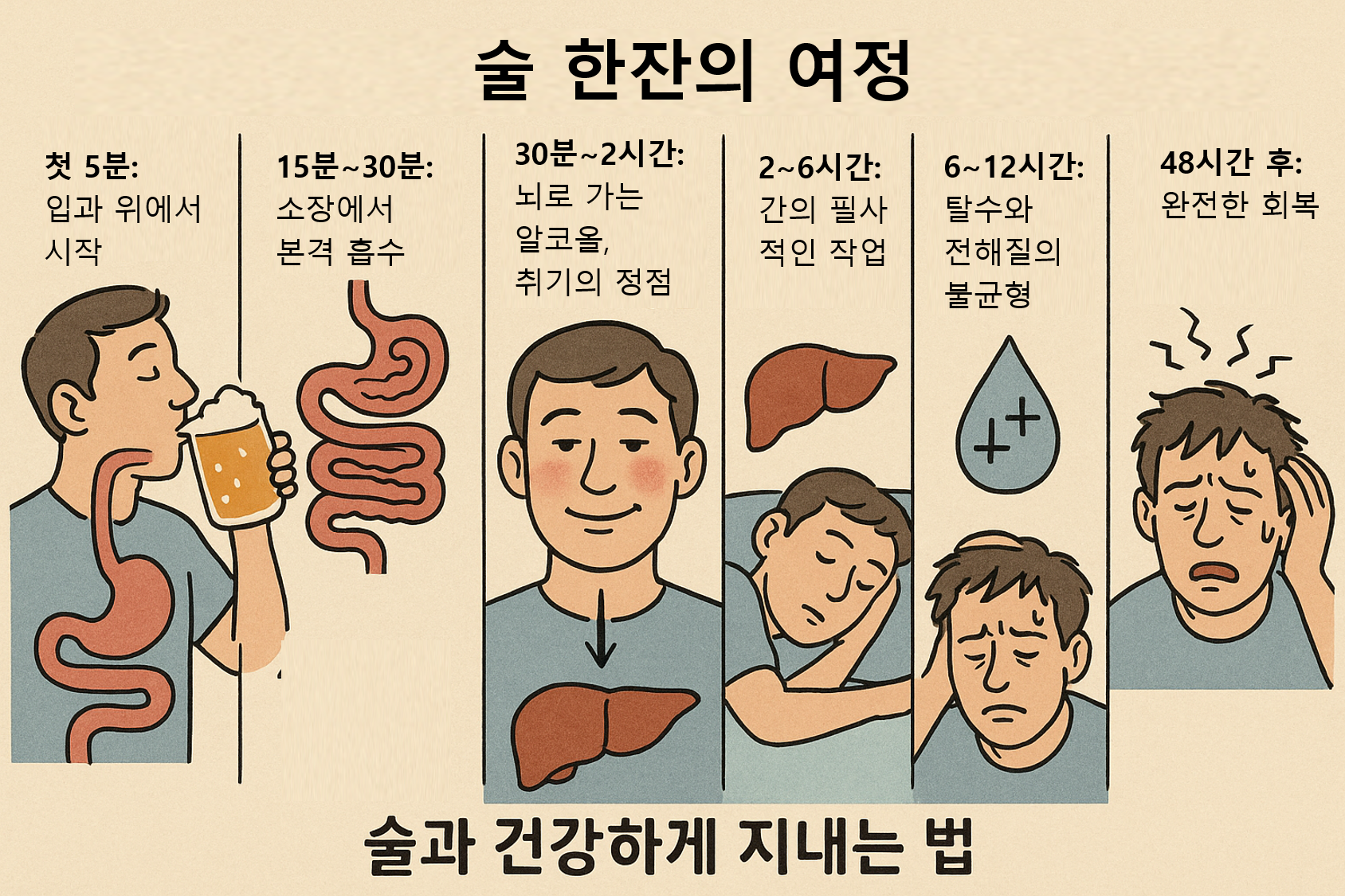 술을 마시면 우리 몸에서 일어나는 과정을 표현한 그림