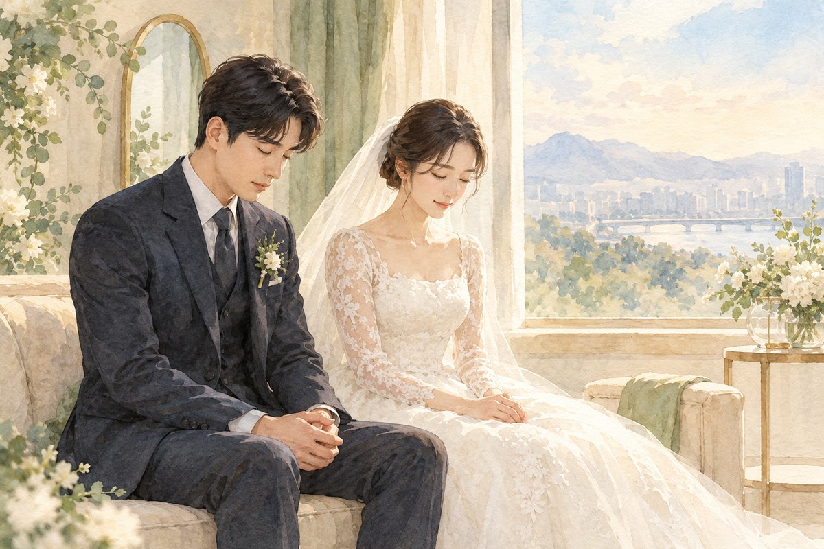 결혼식을 앞두고 대기실에서 짧게 기도하는 신랑신부