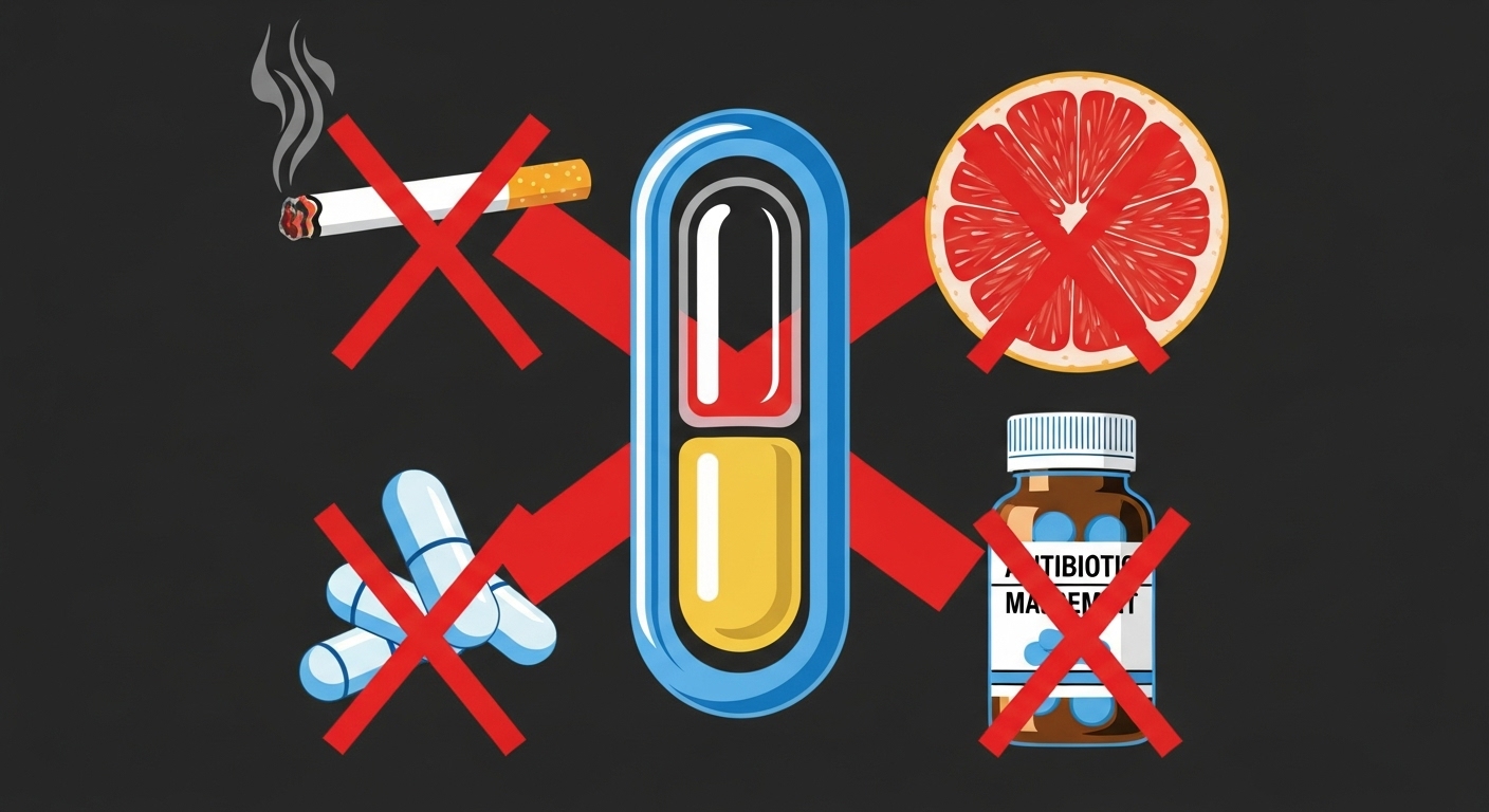 피임 효과를 떨어뜨리거나 위험을 높이는 3가지 금기 요소(흡연, 특정 약물, 자몽)를 경고 사인 형태로 표현