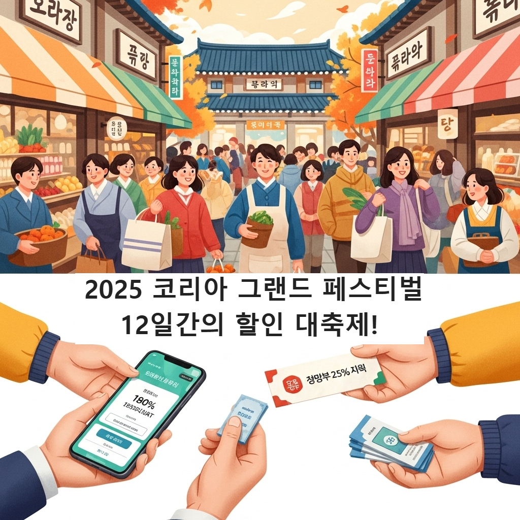 활기찬 전통시장에서 스마트폰으로 온누리상품권을 사용하여 장을 보는 사람들의 모습, 최대 25% 할인을 통해 생활비를 절약하는 풍요로운 분위기를 강조하는 이미지