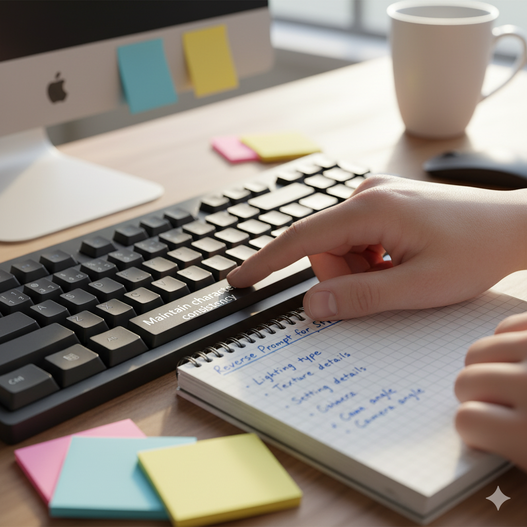 Gemini Imagen에서 동일한 AI 캐릭터를 여러 장면에서 일관되게 생성하는 과정을 보여주는 예시 이미지