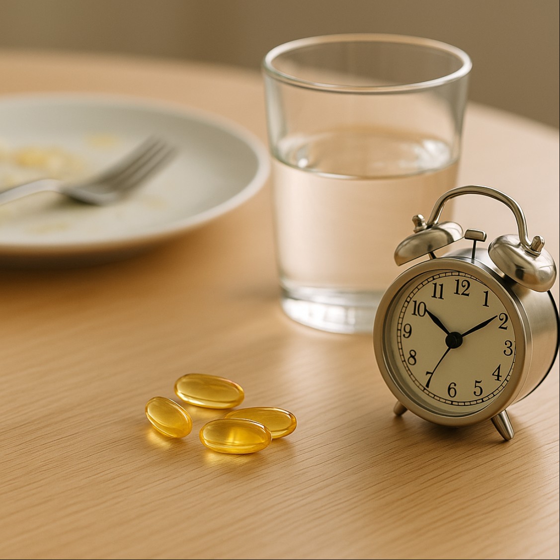 오메가3 복용 시간에 맞춰 식후에 캡슐을 챙기는 장면, 시계와 물컵이 함께 놓인 식탁 위의 오메가3 캡슐