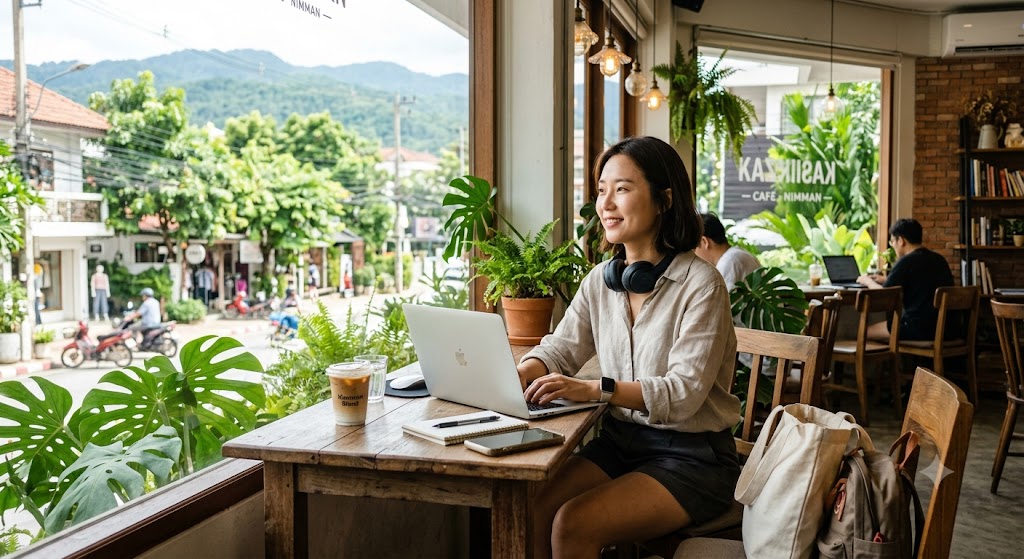 태국 치앙마이 님만해민에 위치한 'KASIKOR CAFE'에서 한 동양인 여성이 큰 창문 옆 테이블에 앉아 노트북으로 작업하고 있습니다. 그녀는 헤드폰을 목에 걸고 있으며, 창 밖의 거리 풍경과 산을 바라보며 미소 짓고 있습니다. 테이블에는 커피, 물, 휴대폰, 공책 등이 놓여 있으며, 캔버스 백과 배낭이 그녀 옆에 있습니다. 카페 내부에는 식물이 많고 따뜻한 자연광이 듭니다.