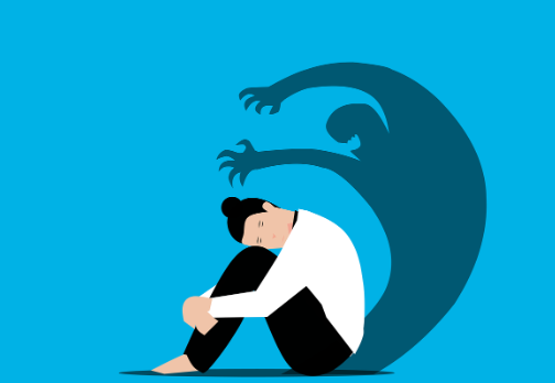 청소년 정신 건강 (SNS 중독, 학업 스트레스, 자존감), 한 소녀가 앉아 있고 뒤에서 검은 그림자가 지켜보며 위협하고 있는 그림 사진