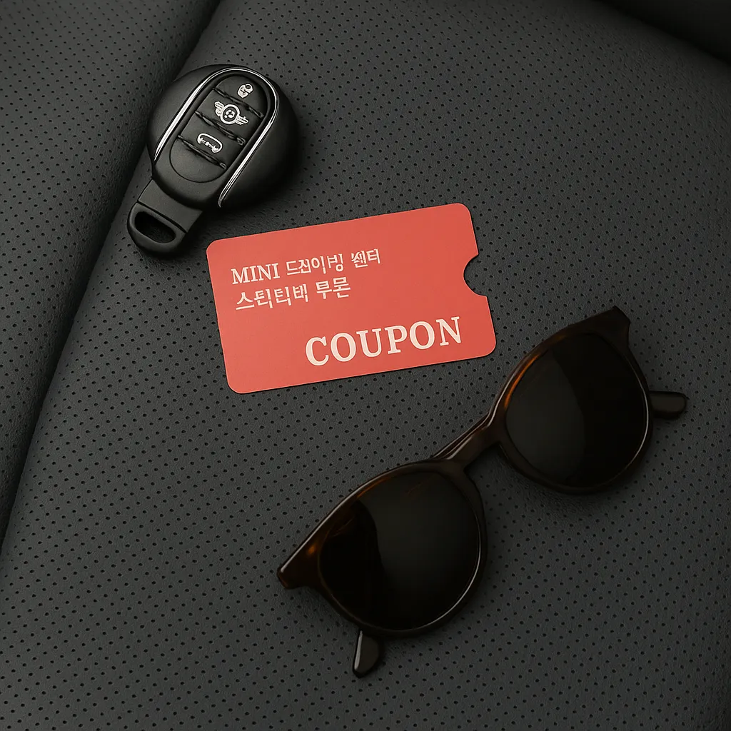 차량 시트 위 MINI 키&amp;#44; 쿠폰&amp;#44; 선글라스 구성