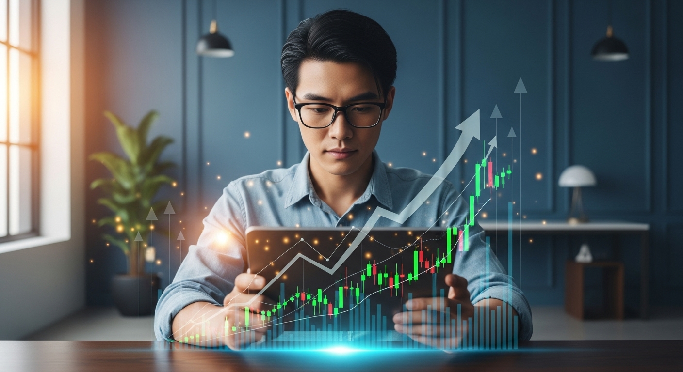 200만원 소액 투자를 통해 1년 만에 수천만원의 순자산을 달성한 MZ세대가 태블릿으로 주식 차트를 분석하는 모습