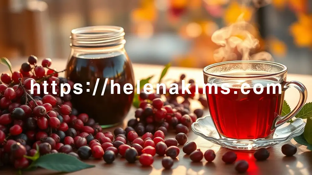 가을 햇살 아래, 선별된 신선한 오미자 열매와 영롱한 오미자청 병, 따뜻한 오미자차가 조화롭게 놓인 테이블 이미지.