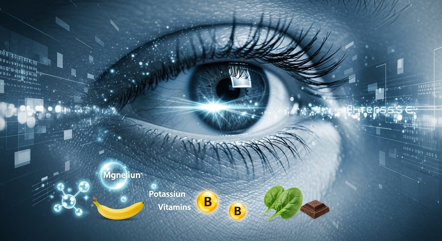 눈떨림의 원인을 나타내는 불안한 눈과 이를 해결할 마그네슘, 칼륨, 비타민B군, 건강한 음식들이 조화롭게 어우러진 이미지.