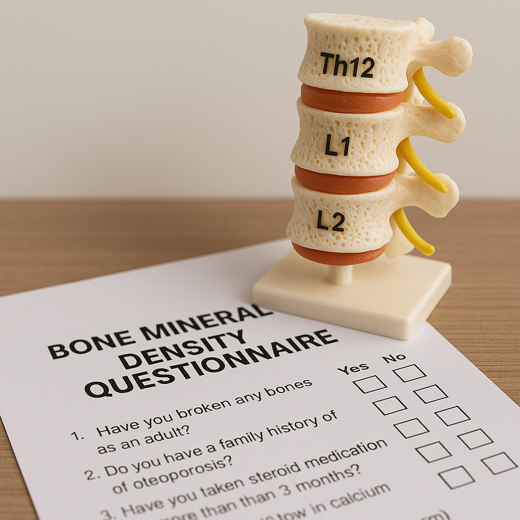 골다공증 자가 진단 문진표와 척추뼈 모형이 나란히 놓인 정사각형 이미지
