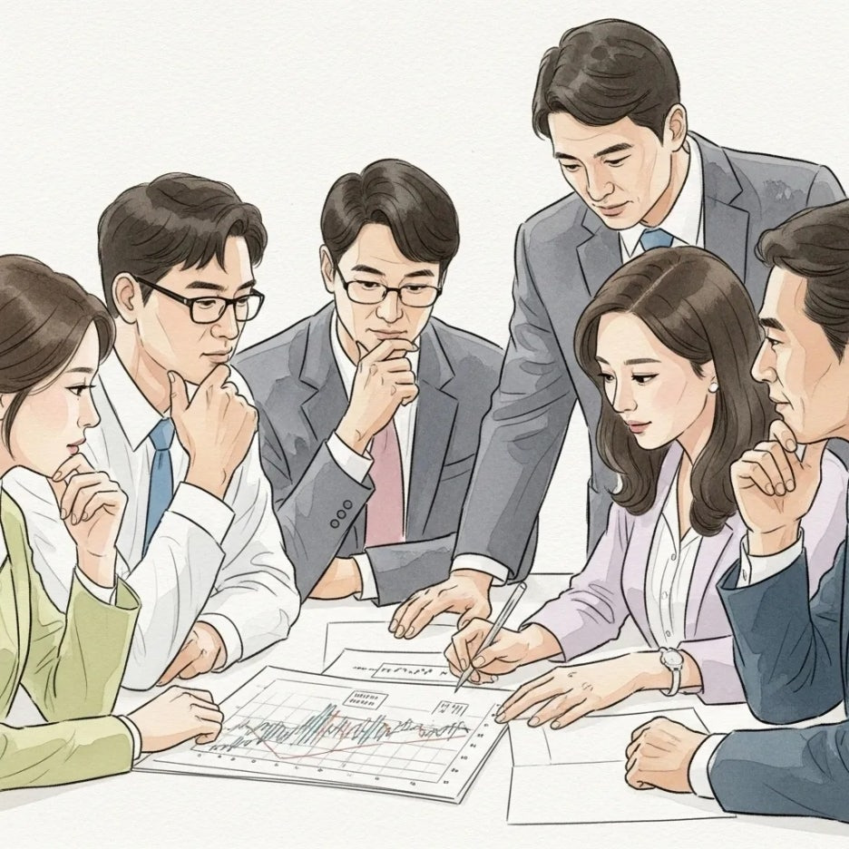 전문가들이 모여 미래 시장을 분석하는 장면.