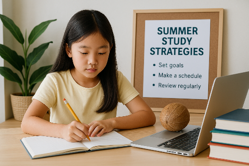 여자 초등학생이 여름방학을 맞아 책상 앞에서 공부 하는 모습