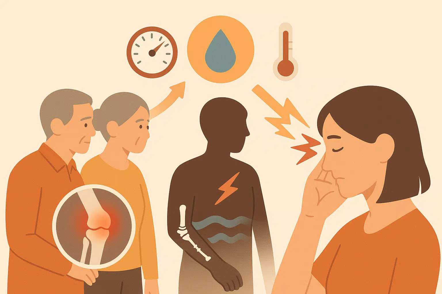 퇴행성 관절염, 과거 골절 부위, 편두통 환자 등 다양한 사람들, 기압·습도·온도 변화의 영향