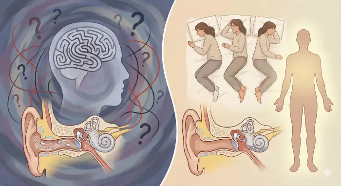 왼쪽의 어둡고 혼란스러운 푸른색 영역에는 귀를 막고 괴로워하는 사람 주변으로 깨진 소리 파형과 엉킨 선들이 이명과 스트레스를 묘사합니다. 반면, 오른쪽의 따뜻하고 평온한 초록색 영역에는 자연 속에서 명상하며 균형 잡힌 돌탑 옆에 있는 사람의 모습이 스트레스 관리를 통한 치유를 나타내는 대비적인 개념 일러스트레이션입니다.