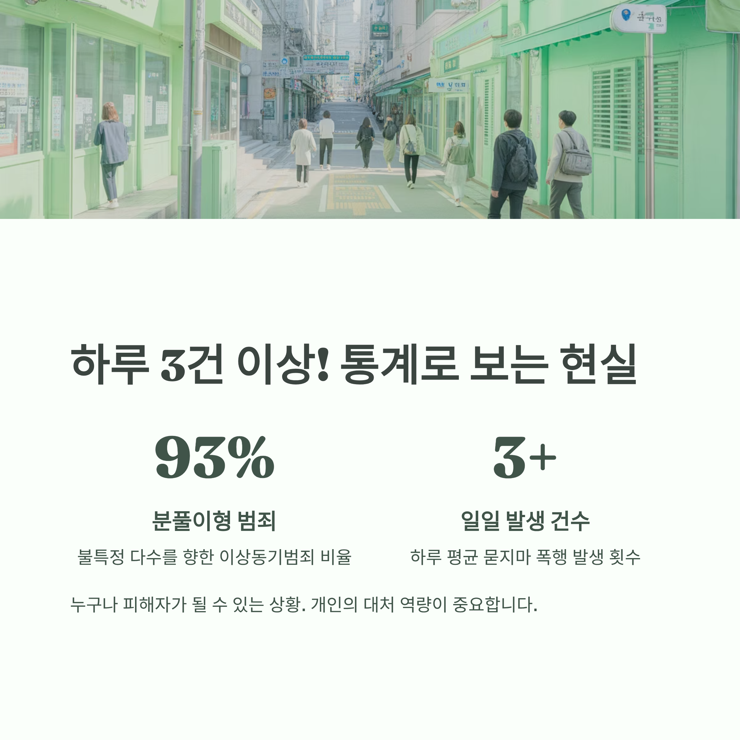 도심 거리 풍경과 함께 ‘하루 3건 이상 발생하는 범죄 통계’ 및 분포이형 범죄 비율을 시각화한 인포그래픽