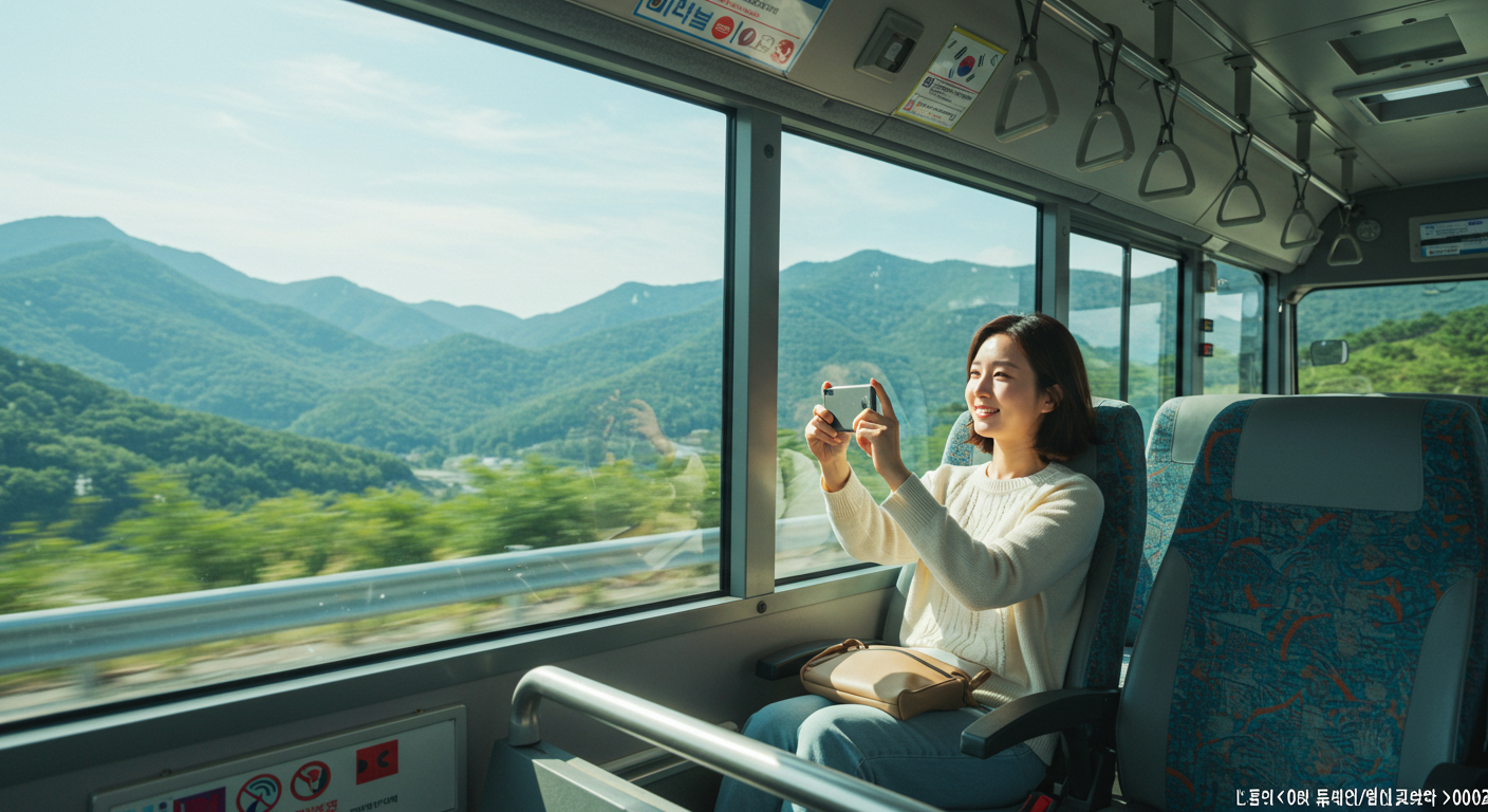 강원도 시외버스 안에서 창밖 풍경을 바라보며 휴대폰으로 사진을 찍는 한국인 여성.