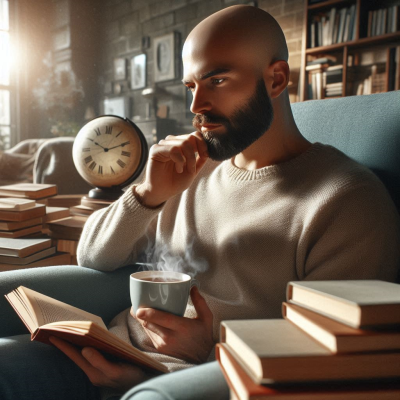 "책 더미 속에서 깊은 생각에 빠진 남성"