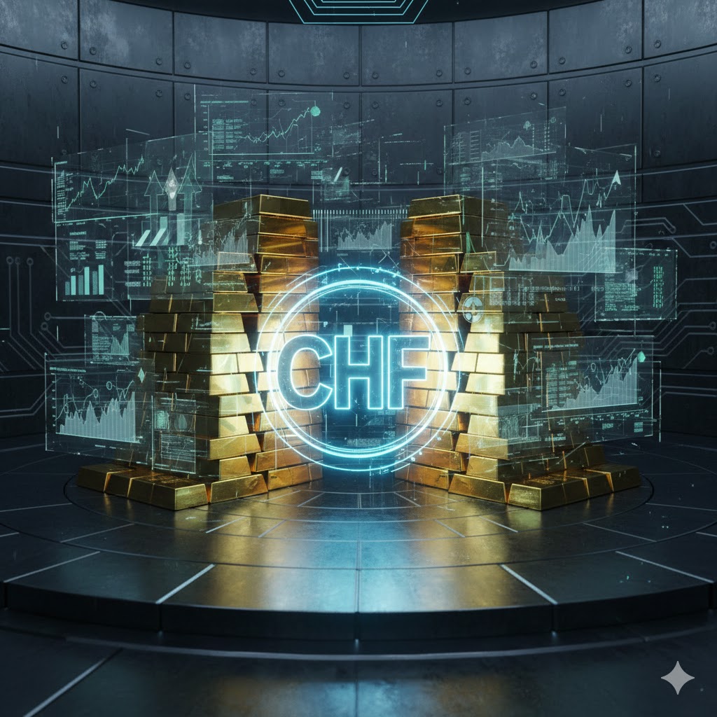 [Professional 3D visualization of the Swiss Franc symbol (CHF) glowing in a high-tech digital vault surrounded by gold bars and futuristic financial data streams, representing 2026 global asset security.]