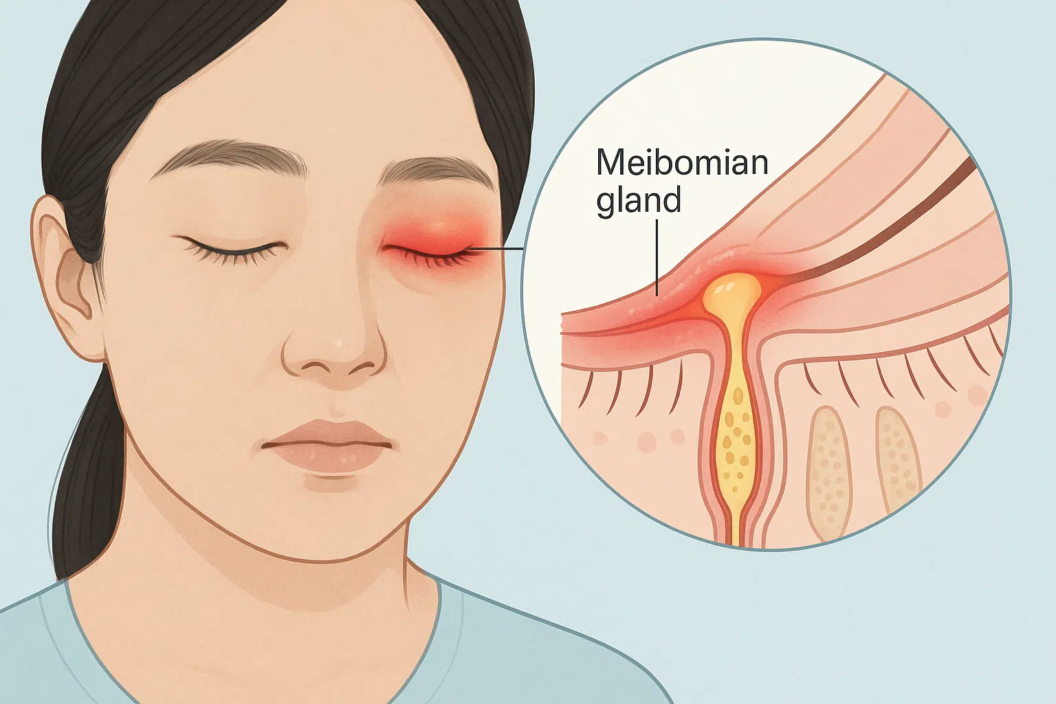 눈꺼풀 가장자리에 염증이 생긴 모습을 보여주는 의료 일러스트, 마이봄샘 구조 표시, 막혀 있는 피지선