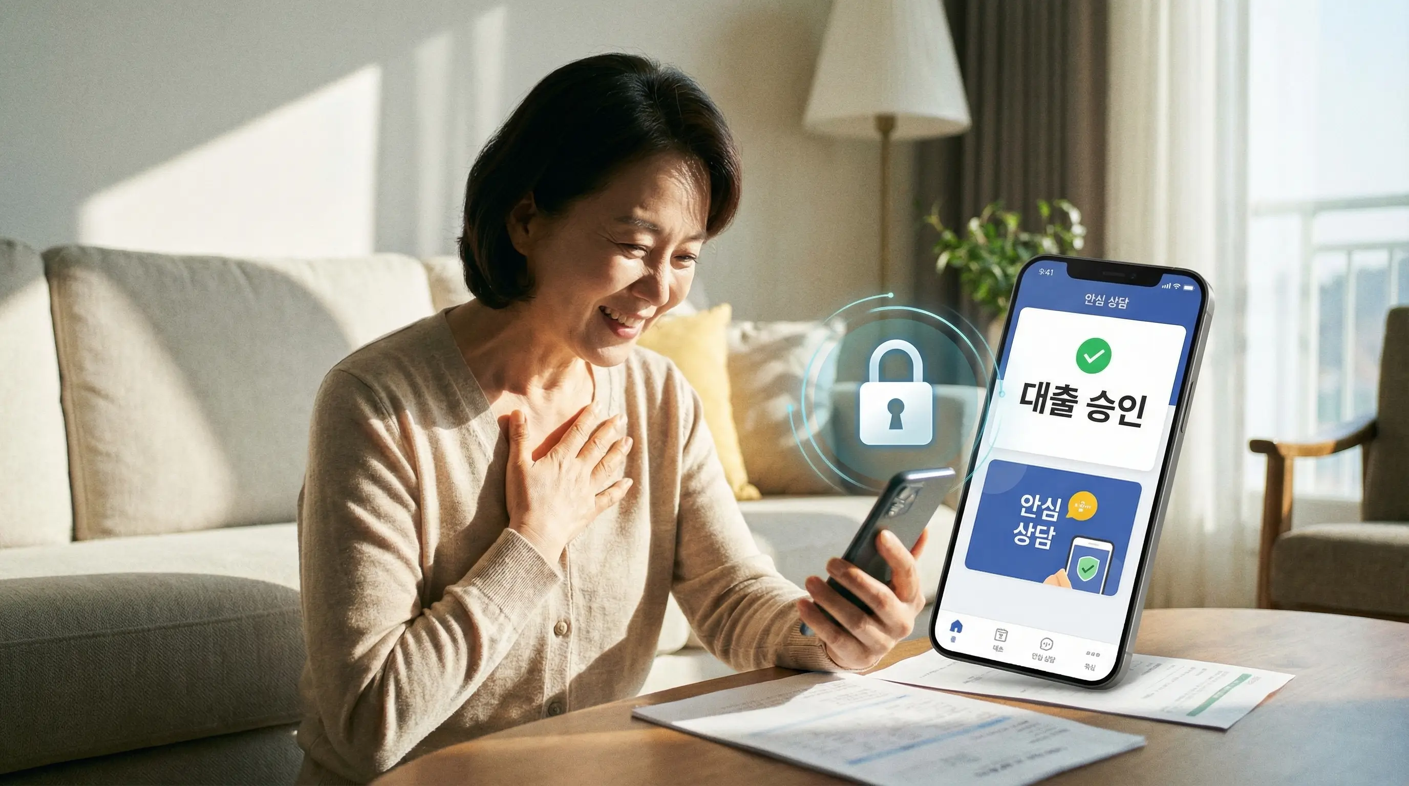 스마트폰으로 안전하게 대출 상담을 신청하고 승인 결과를 확인하며 안도하는 금융 소비자의 모습