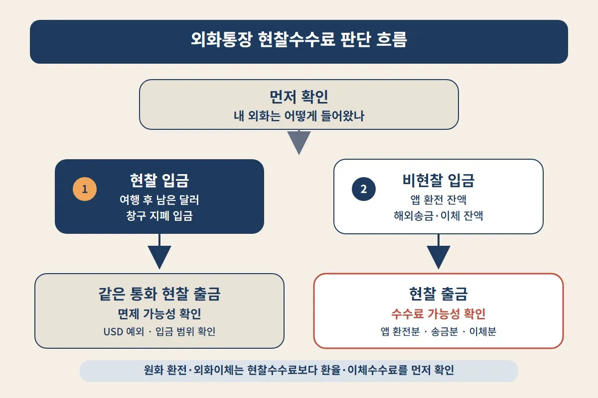 외화통장 현찰수수료 발생 여부를 입금 재원과 출금 방식에 따라 나눠 확인하는 판단 흐름 이미지