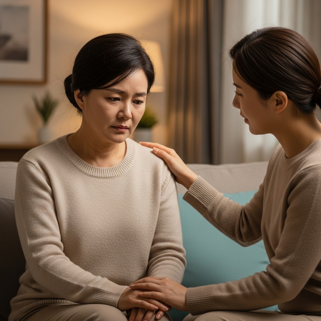 남편을 잃은 친구를 따뜻하게 위로하는 한국인 친구의 모습. 두 여성이 서로 손을 잡고 조용히 공감하는 장면.