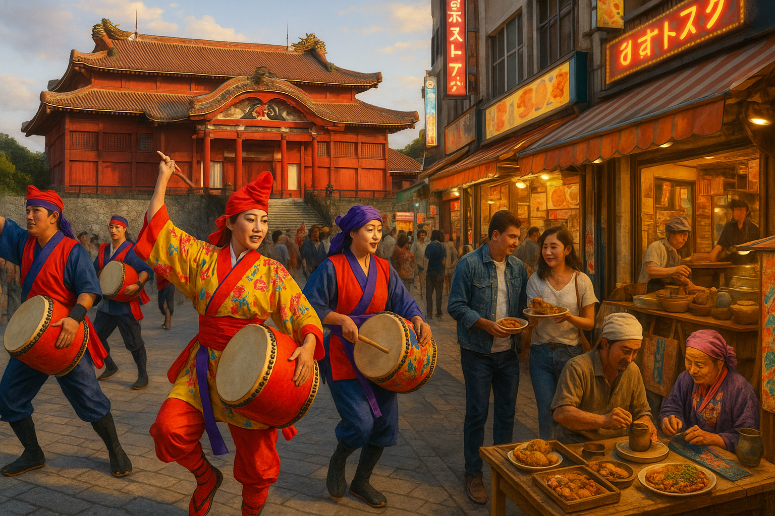 전통 의상을 입은 류큐 무희들이 에이사 공연을 펼치는 가운데, 뒤로는 붉은 기와의 슈리성과 현지 음식·공예 상점이 활기차게 이어진 국제거리 풍경이 어우러진 모습