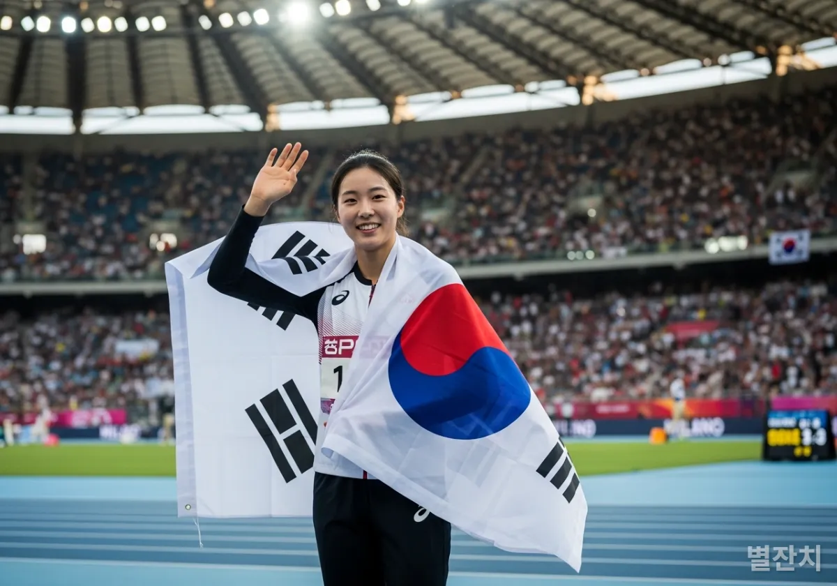 경기 후 관중들에게 손을 흔들며 스포츠맨십을 보여주는 한국 선수