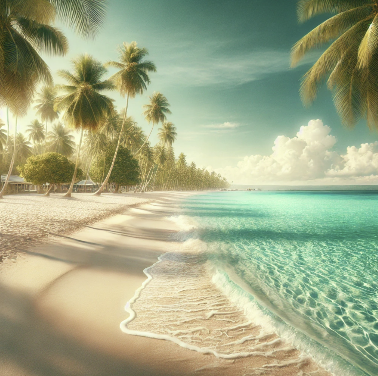 세부 보홀의 아름다운 해변가의 모습. 청명한 바다와 백사장, 야자수의 조화가 열대 낙원의 평화로움을 잘 표현하고 있다.