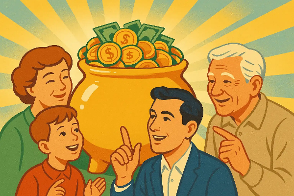 가족이 금화와 지폐가 담긴 황금 항아리를 중심으로 웃으며 모여 있는 모습, 경제적 행복을 상징