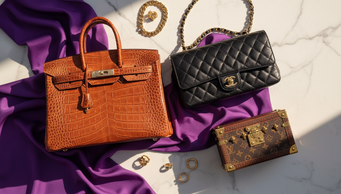 에르메스, 샤넬, 루이비통 등 세계적인 명품 브랜드의 대표 아이템들이 조화롭게 배치된 럭셔리한 화보 이미지