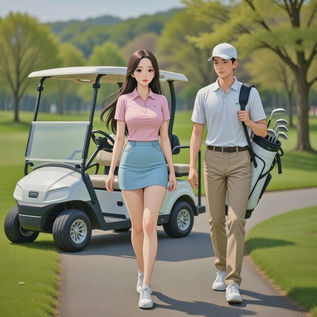20대 커플이 청일파크골프장에서 카트에 내려서 걷는 모습
