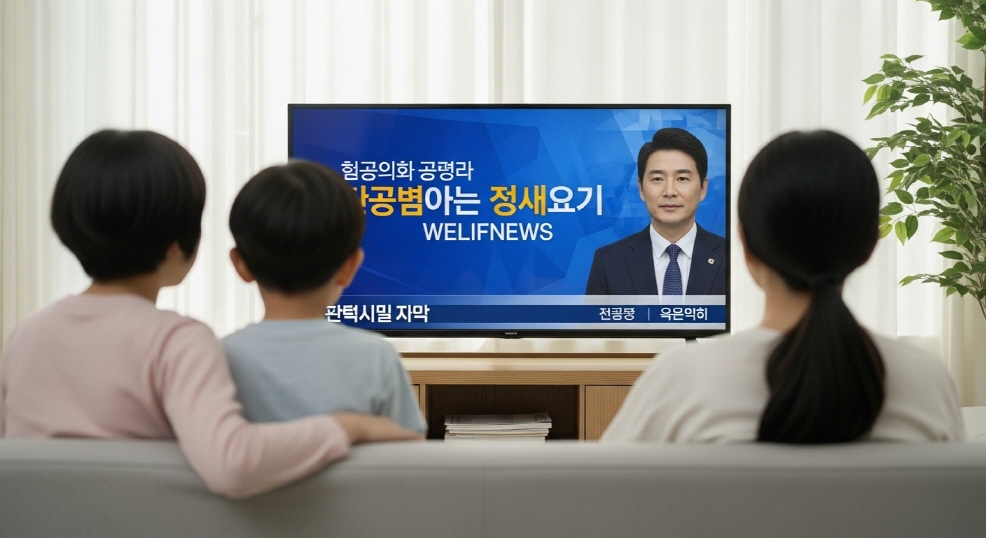 TV 뉴스 속 복지 뉴스 보고 있는 가족