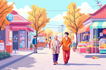 맑은 날씨 아래 치매 노인이 안내 봉사자와 복지센터 앞을 함께 걸으며 대화를 나누는 모습. 