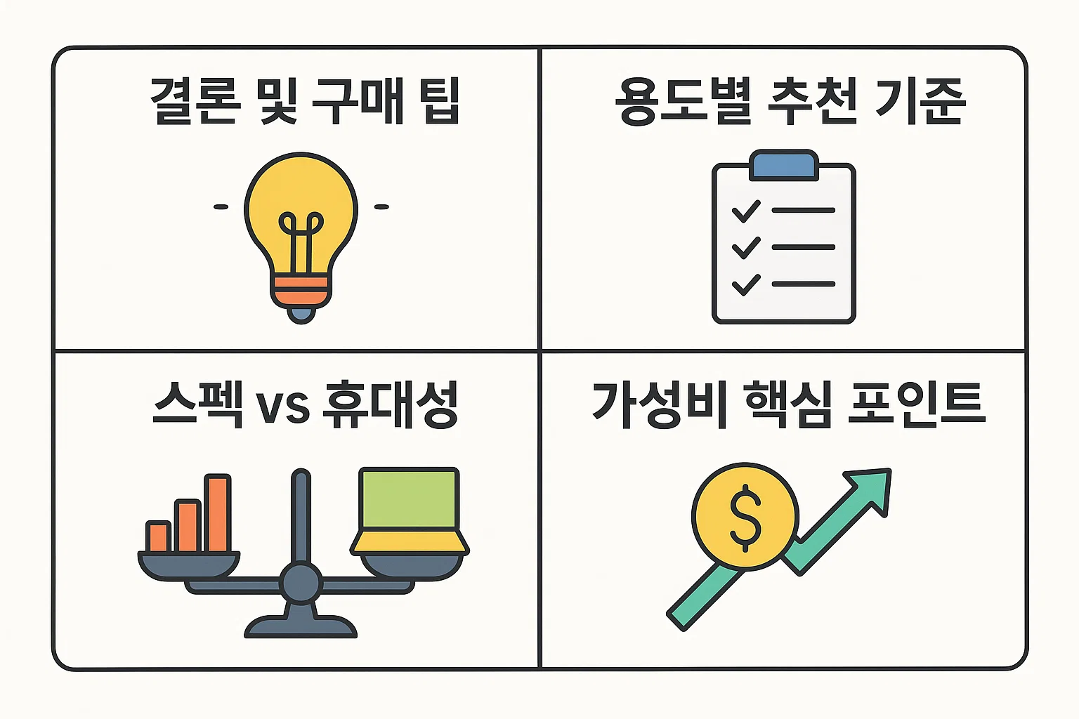 스펙과 휴대성, 용도별 추천 기준, 가성비 핵심 포인트를 정리한 실전형 구매 가이드 인포그래픽.