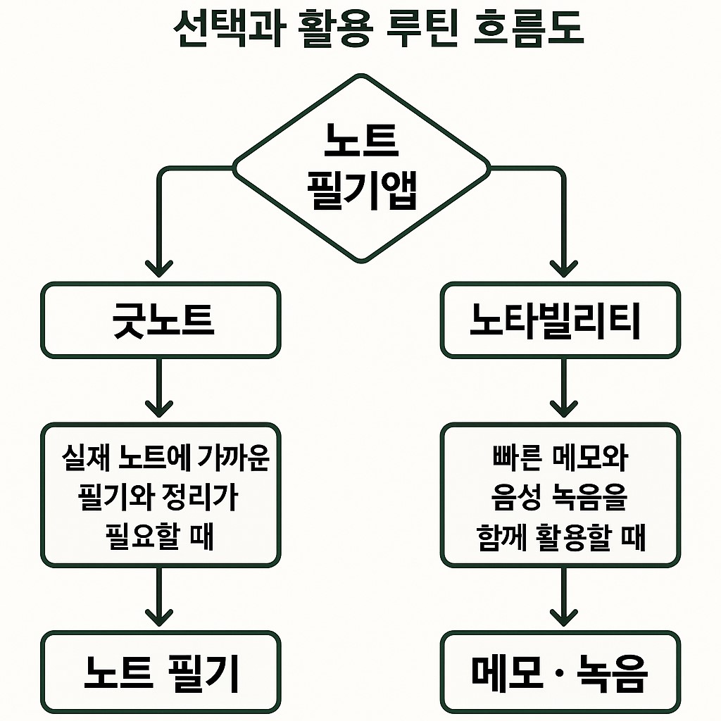 굿노트 노타빌리티 선택과 활용 루틴 흐름도